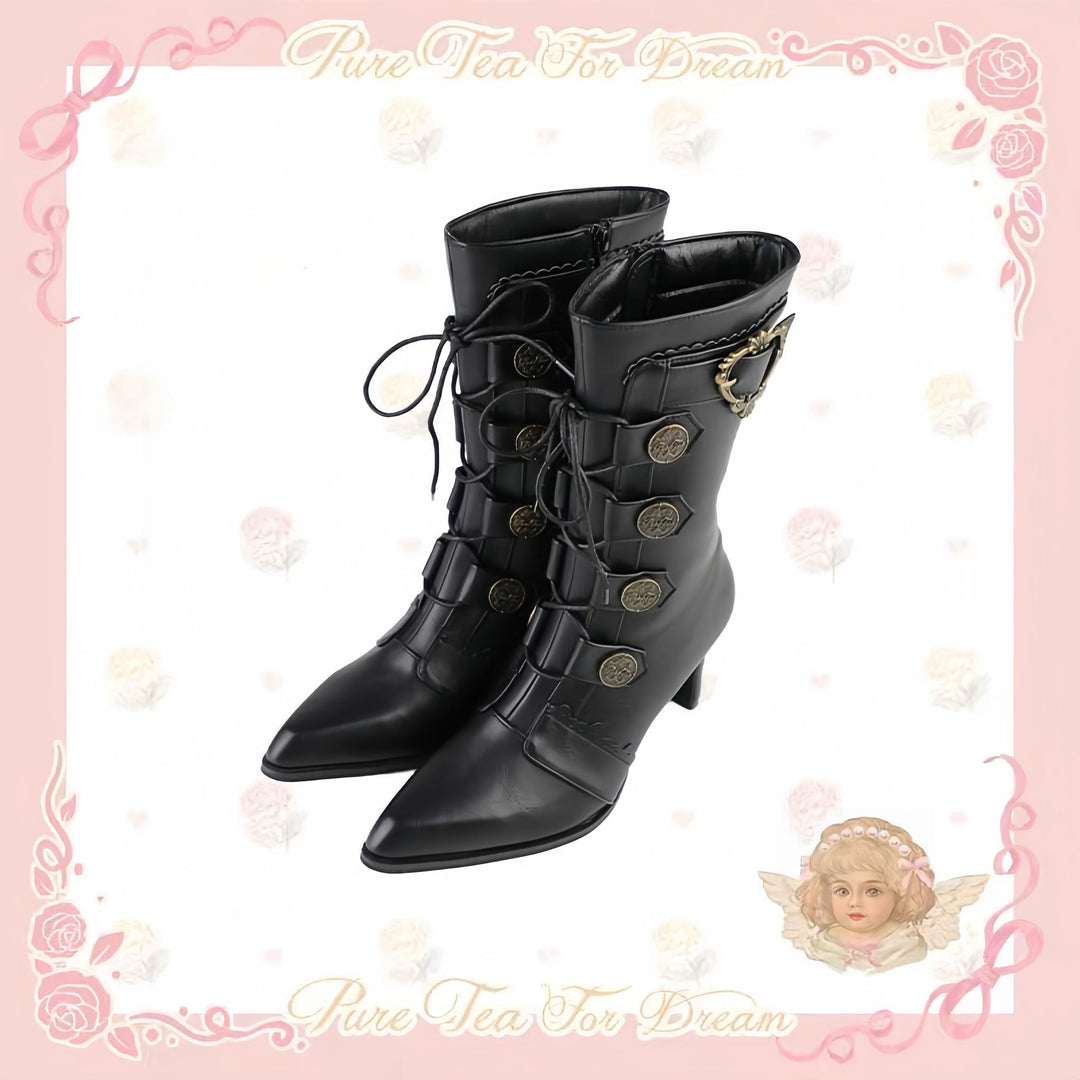 Pure Tea For Dream~Oakmoss~Classic Lolita Boots Pointed Toe Lolita Shoes (Black / 35 36 37 38 39 40) 41834:718066