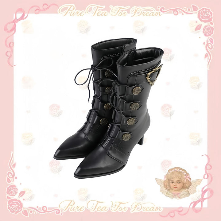 Pure Tea For Dream~Oakmoss~Classic Lolita Boots Pointed Toe Lolita Shoes (Black / 35 36 37 38 39 40) 41834:718066