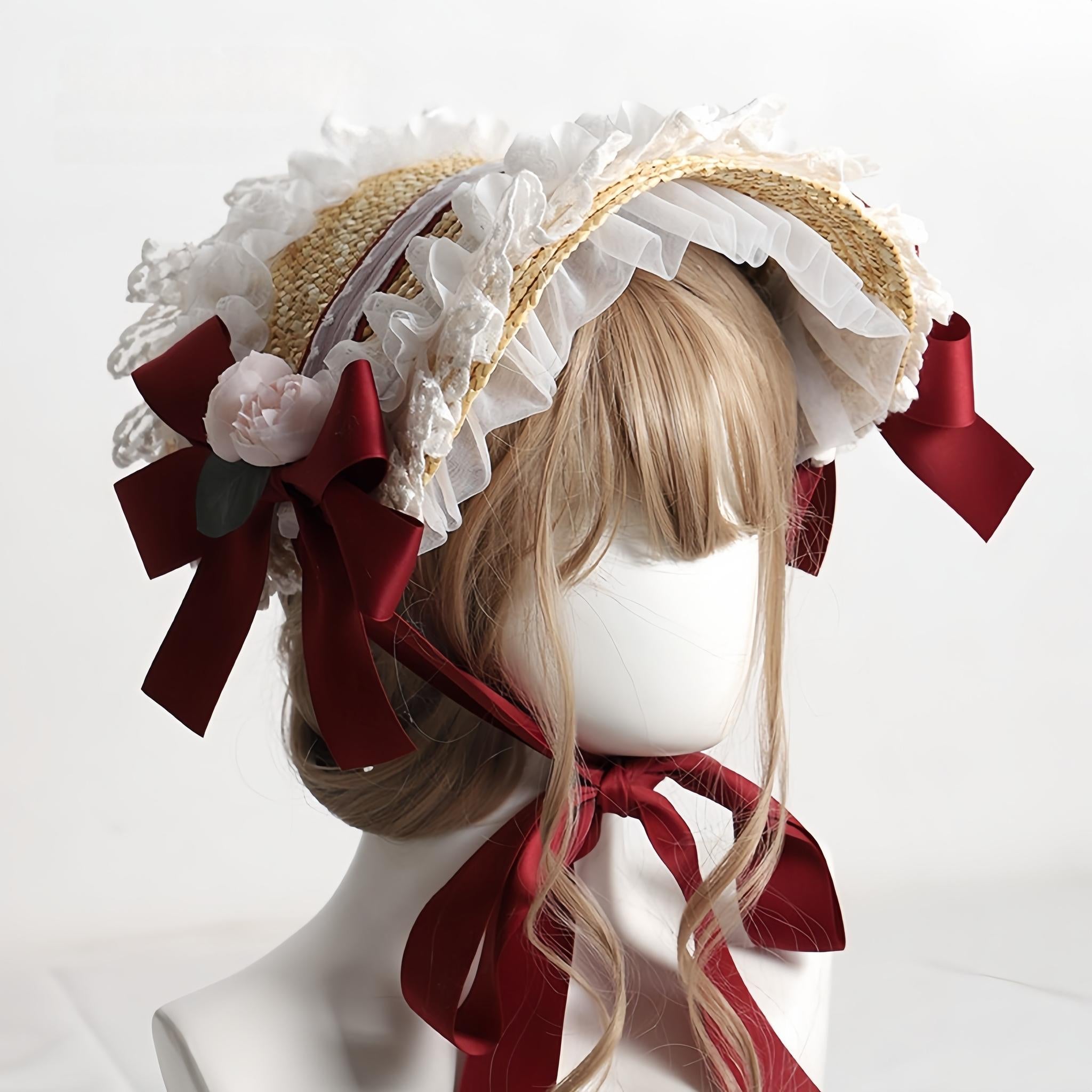 The Accessories' Story - Country Lolita Straw BNT, Ruffled Lace, Artificial Flower No Head Circumference Limitation / One Size Burgundy