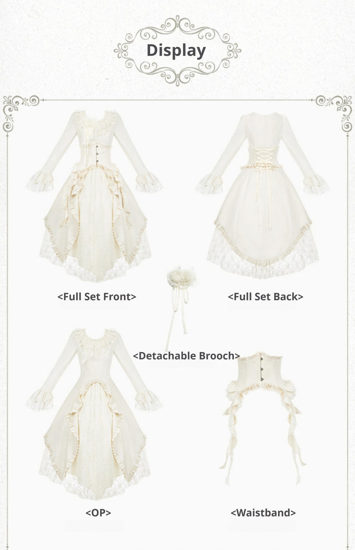 With PUJI~White Tea~Classic Lolita OP Dress with Irregular Design and Fishbone Waistband