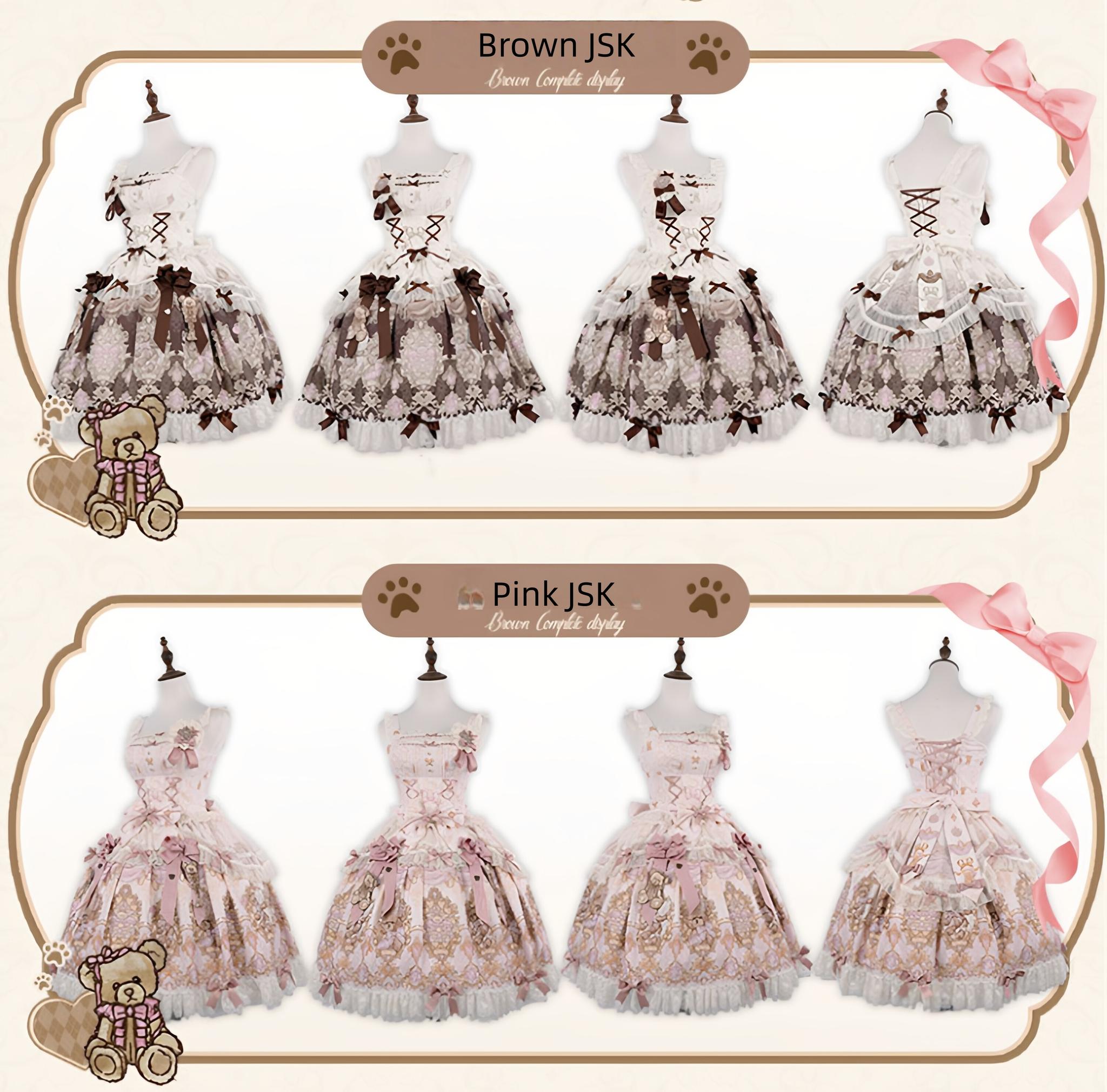 Antique Teddy Bear - Classic Lolita Printed JSK Dress with Ribbon Bows 45538:853333