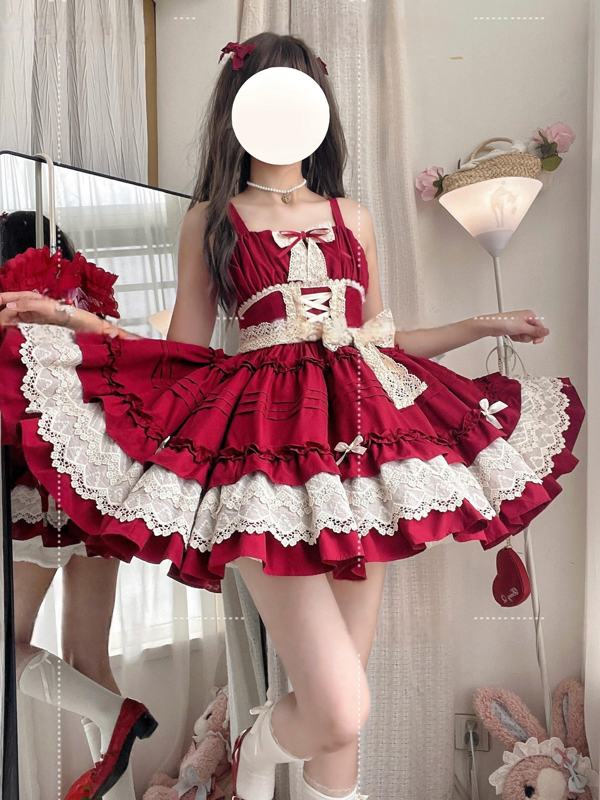 Qianmu - Vivian - Sweet Lolita JSK Doll Lolita Tiered Ruffles Dress Red JSK + Waistband S