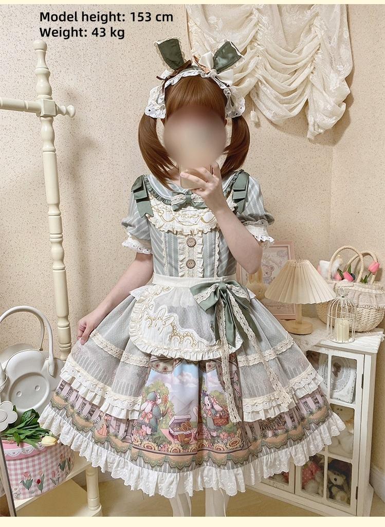 Honey Machine~Sunflower Rabbit~Kawaii Lolita OP Set with Bunny Prints and Hairband