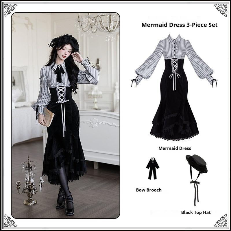 Dusk Moment - Classic Lolita Striped OP & Mermaid Dress Set, Fishbone Waist (L M S) 44498:810790