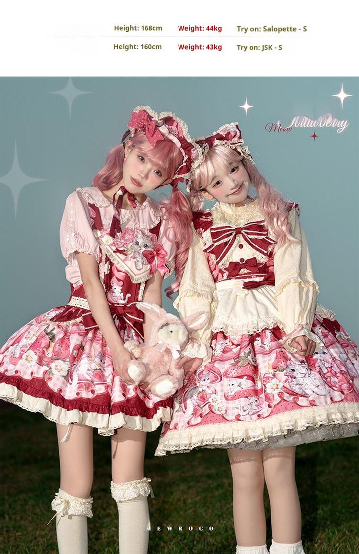 Mewroco~Strawberry Cat~Sweet Lolita Dress Suit JSK and Salopette with Cat Prints