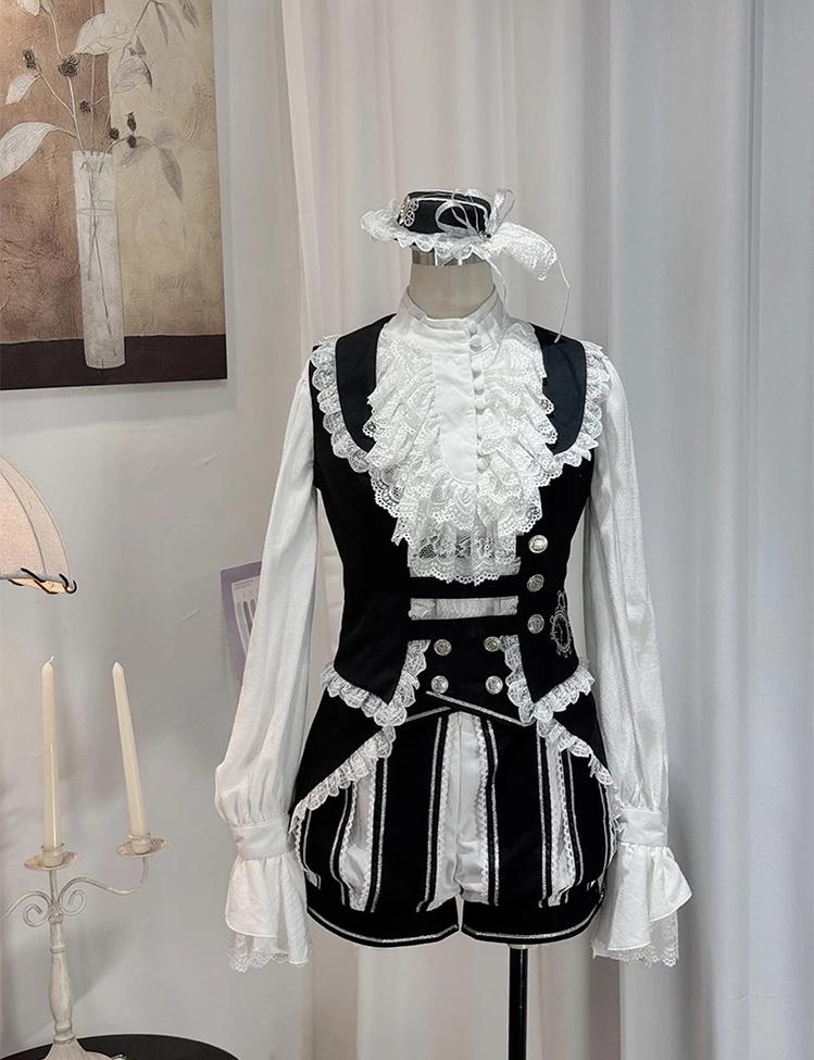 Crow Feather Ode - Ouji Lolita Cotton Linen Shirt and Clock Embroidery Vest Set 45665:857469