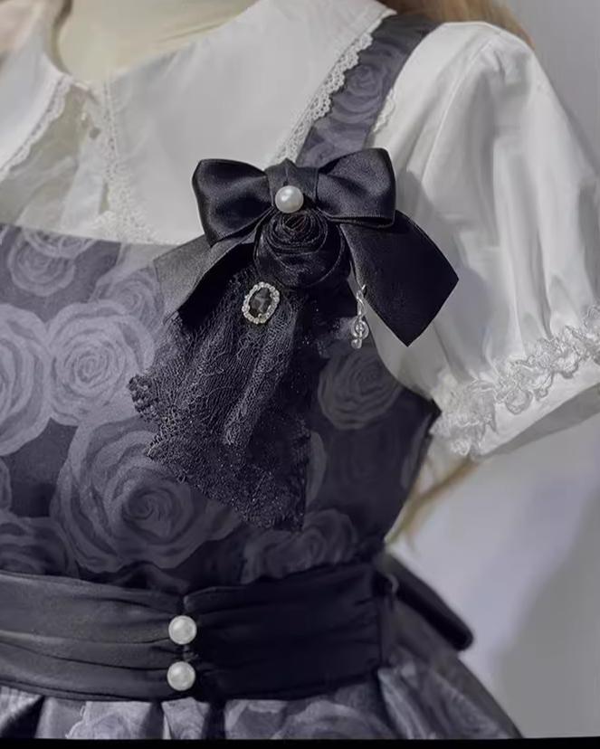 CastleToo~Faded Rose~Gothic Lolita Dress Floral Print Salopette White Short Sleeve Shirt S brooch 