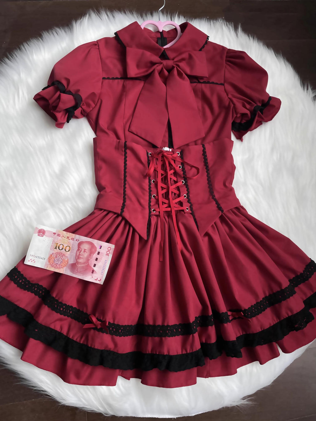 Mengfuzi~Doll Heart~Gorgeous Lolita Dress Vintage OP Cape Set S Red and black short sleeve suit 