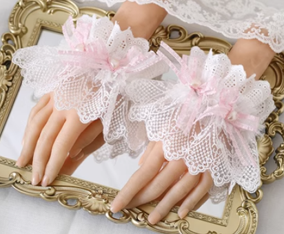 Xiaogui - Mood Limited Pink - Kawaii Lolita Lace Headdress Accessories no. 6 a pair of double-layer lace hand sleeves (around 15-16cm, with elasticity)