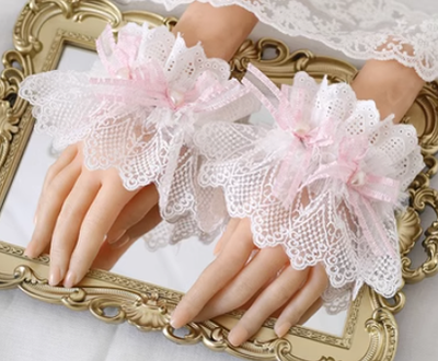 Xiaogui~Mood Limited Pink~Kawaii Lolita Lace Headdress Accessories no. 6 a pair of double-layer lace hand sleeves (around 15-16cm, with elasticity)  