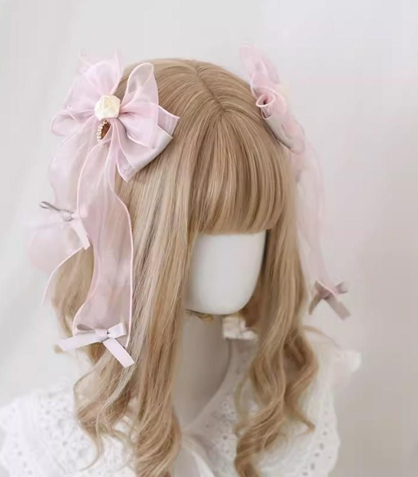 Xiaogui~Four Seasons Floral~Sweet Lolita Headdress Bow Lace KC Top Hat organza bow - a pair of hair clips  