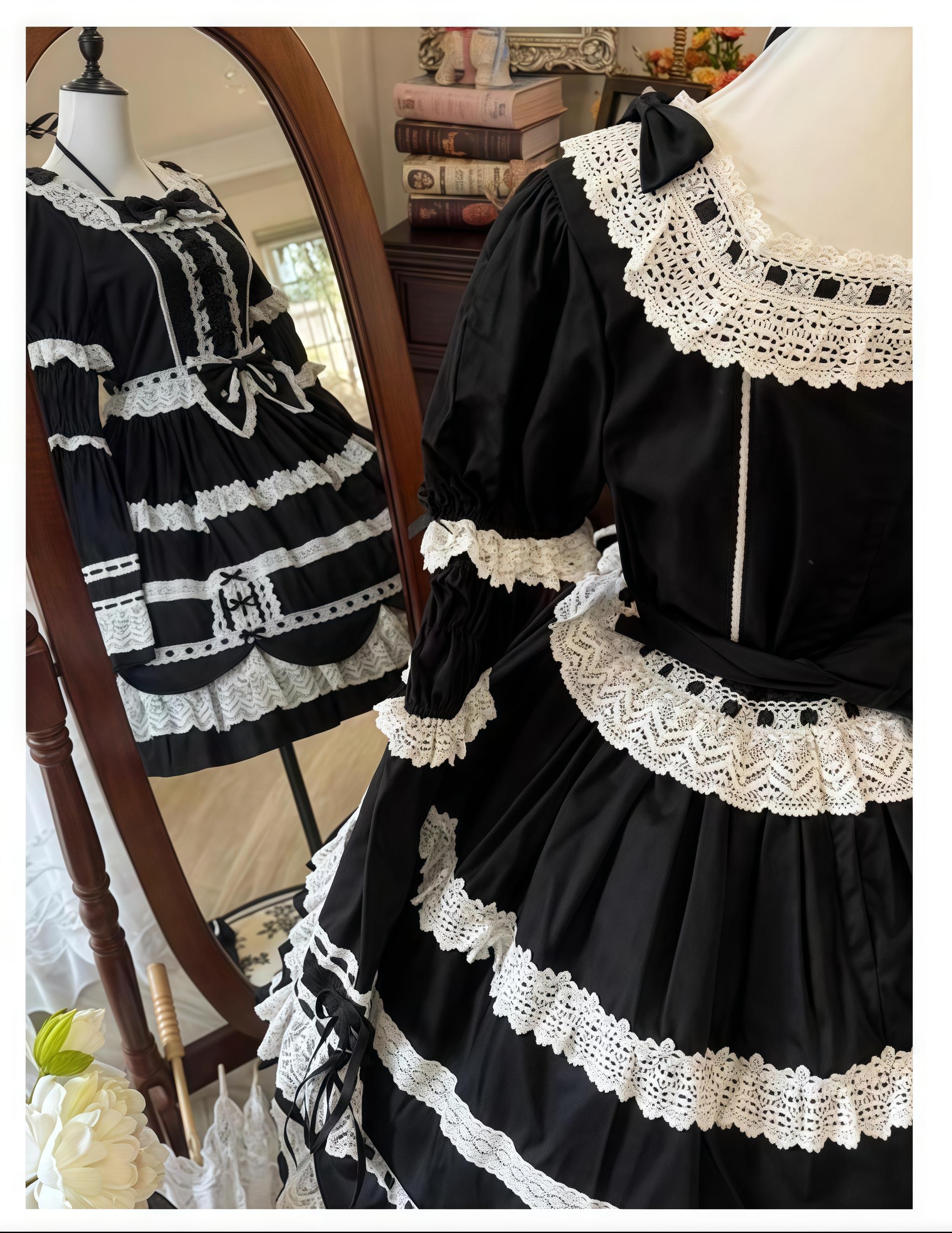 AerialCat~Cream Petals~Old School Lolita OP Tiered Ruffles Cotton Dress 42762:752784