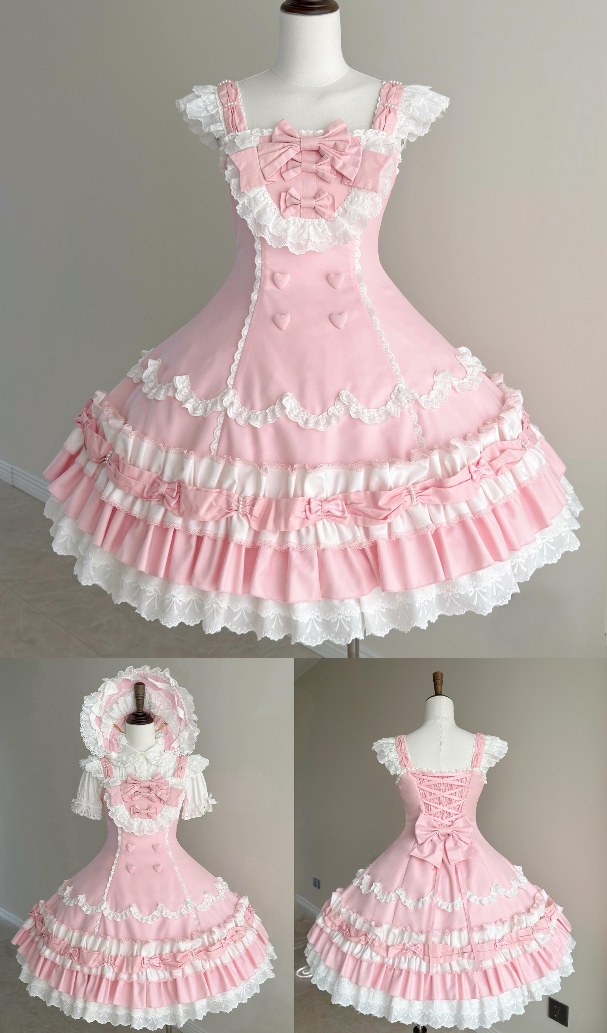 Cream Fondant - Old School Lolita JSK & OP Dress, Pearl Accent White-pink JSK Only S
