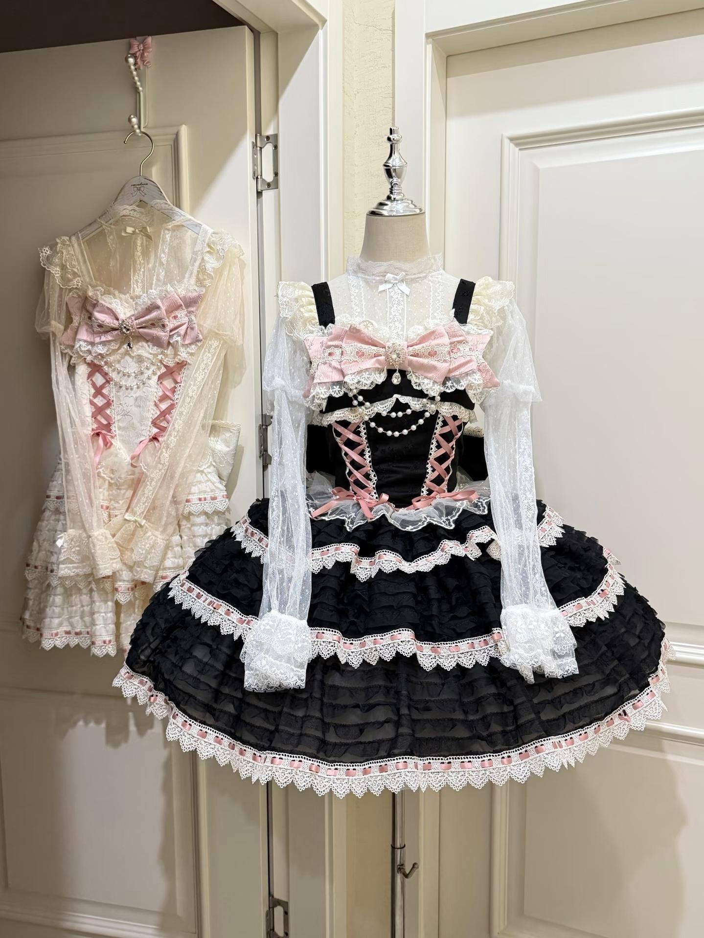 Floral Elegy - Sweet Lolita JSK Dress, Tiered Hem Black JSK S