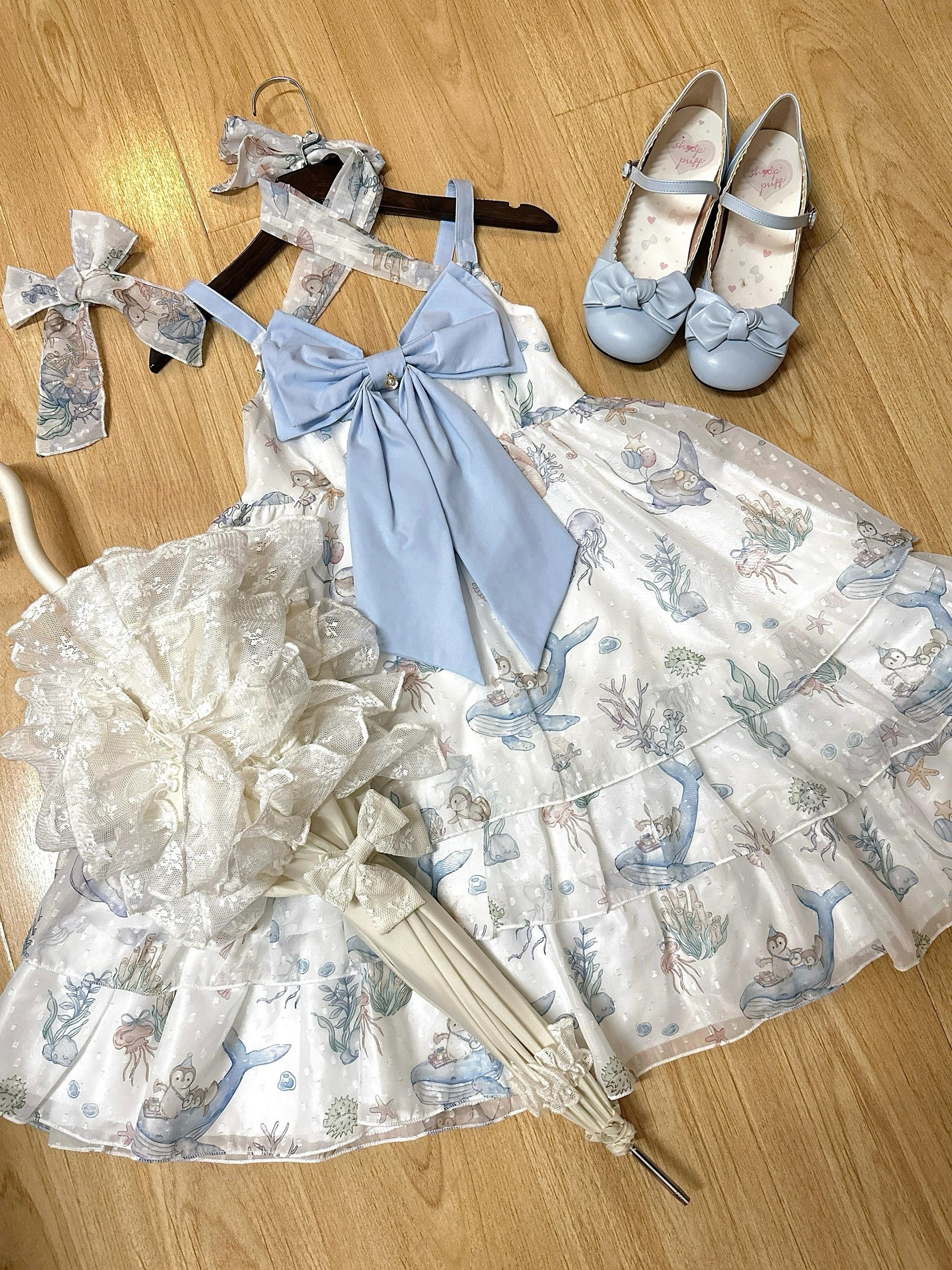 Ocean Sweetheart - Chiffon Sweet Lolita JSK Dress, Whale & Jellyfish Print 44902:827016