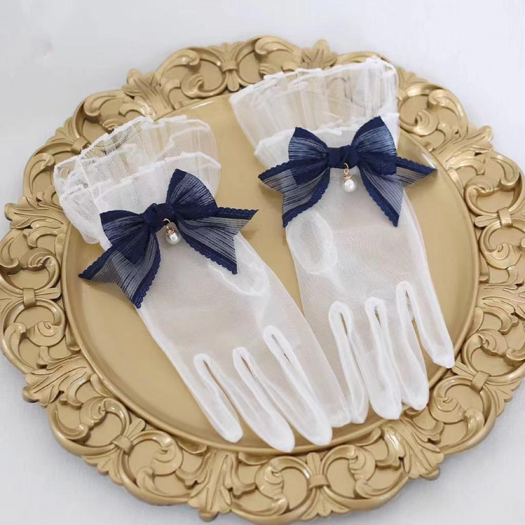Xiaogui - Elegant Lolita Bow Gloves Retro Lolita Lace Glove One Size dark blue