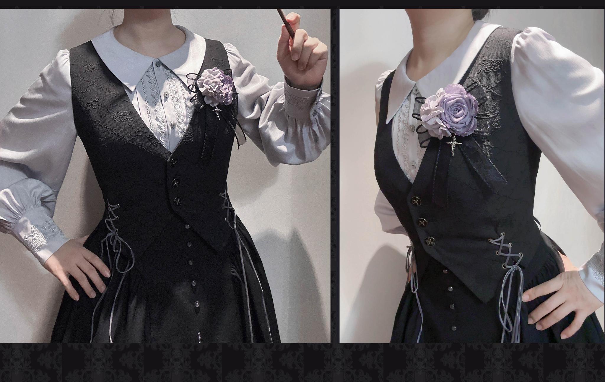 Chris House Lolita - Witch Notes - Gothic Loliat Embroidered Dress Suit, Cross and Rose Print 44096:795089