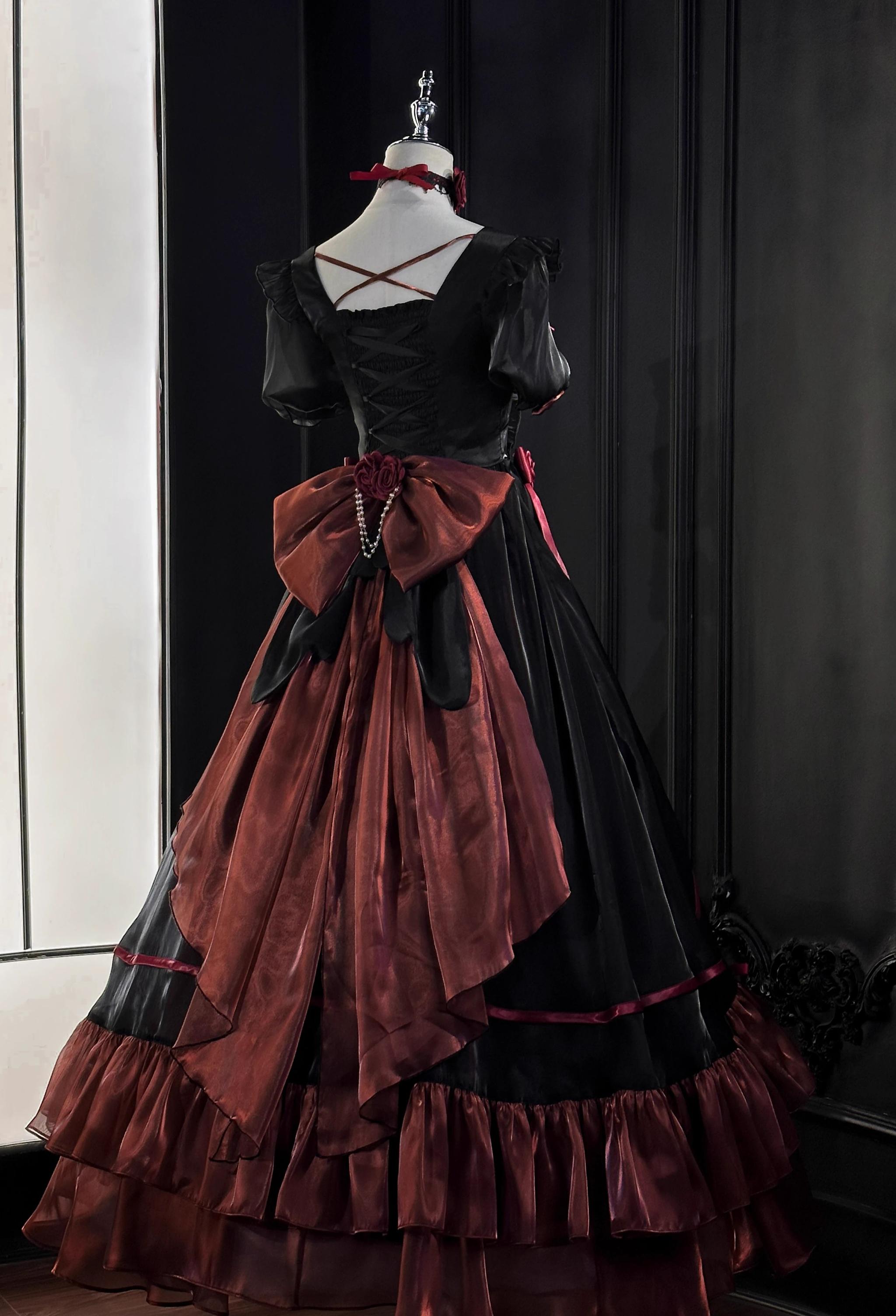 Flight Diary - Princess Lolita Dress Wedding Lolita OP and Daily Wear OP Pre-order XS Only Black and Red Trailing