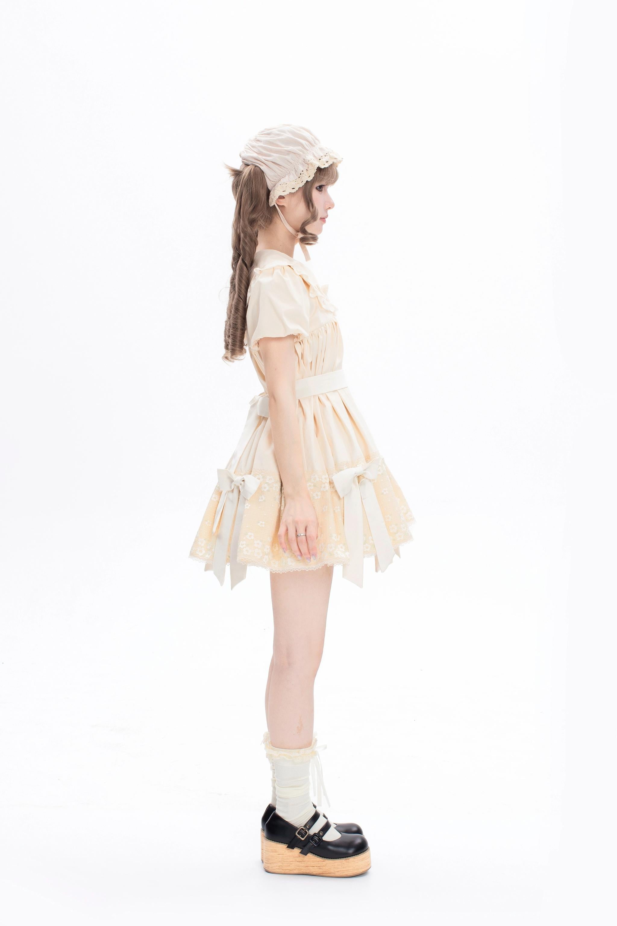 Fresh Tea Lolita - Meringue Frosting - Cotton Kawaii Lolita OP Dress with Satin Bow