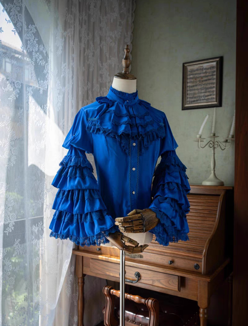 Dark Night - Gothic Lolita Hime Sleeve Blouse, Detachable Jabot Blue Blouse (polyester version) XS