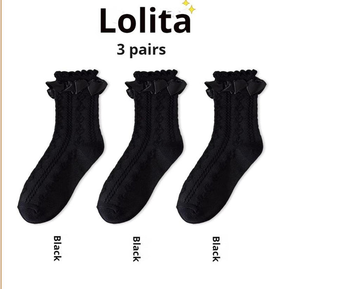 (BFM)JingChi~Sweet Lolita Socks Women's Multicolor JK Mid-Calf Socks Black 3 pairs Free size (36-39) 