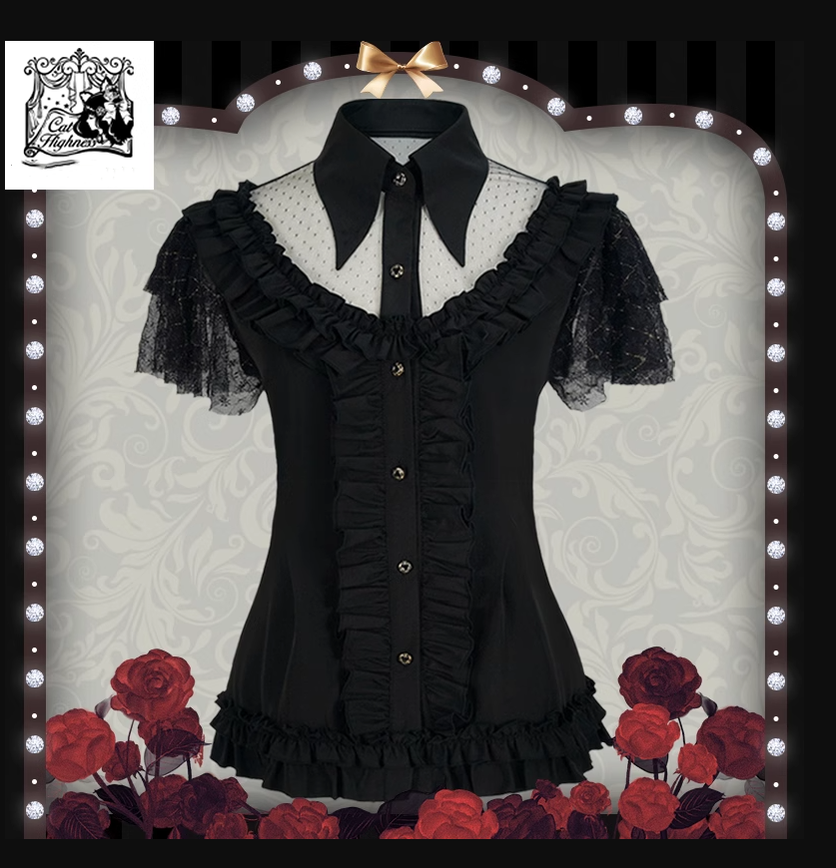 Cat Highness - Gothic Lolita Shirt Black Flounce Hem Short Sleeve Shirt