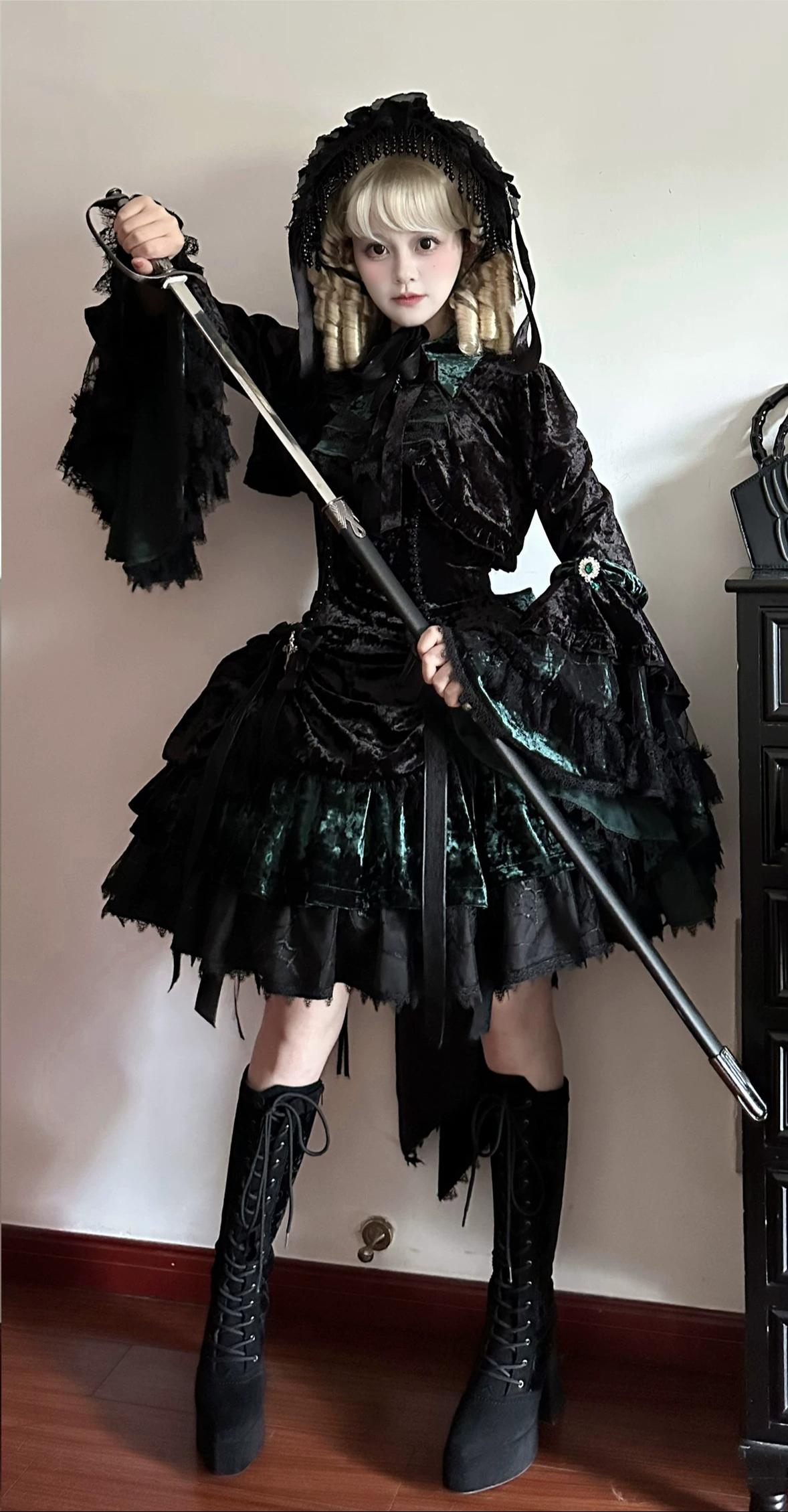 Dark Raven Poem - Gothic Lolita JSK & Bolero Dress Set, Diamond Velvet 45967:869806