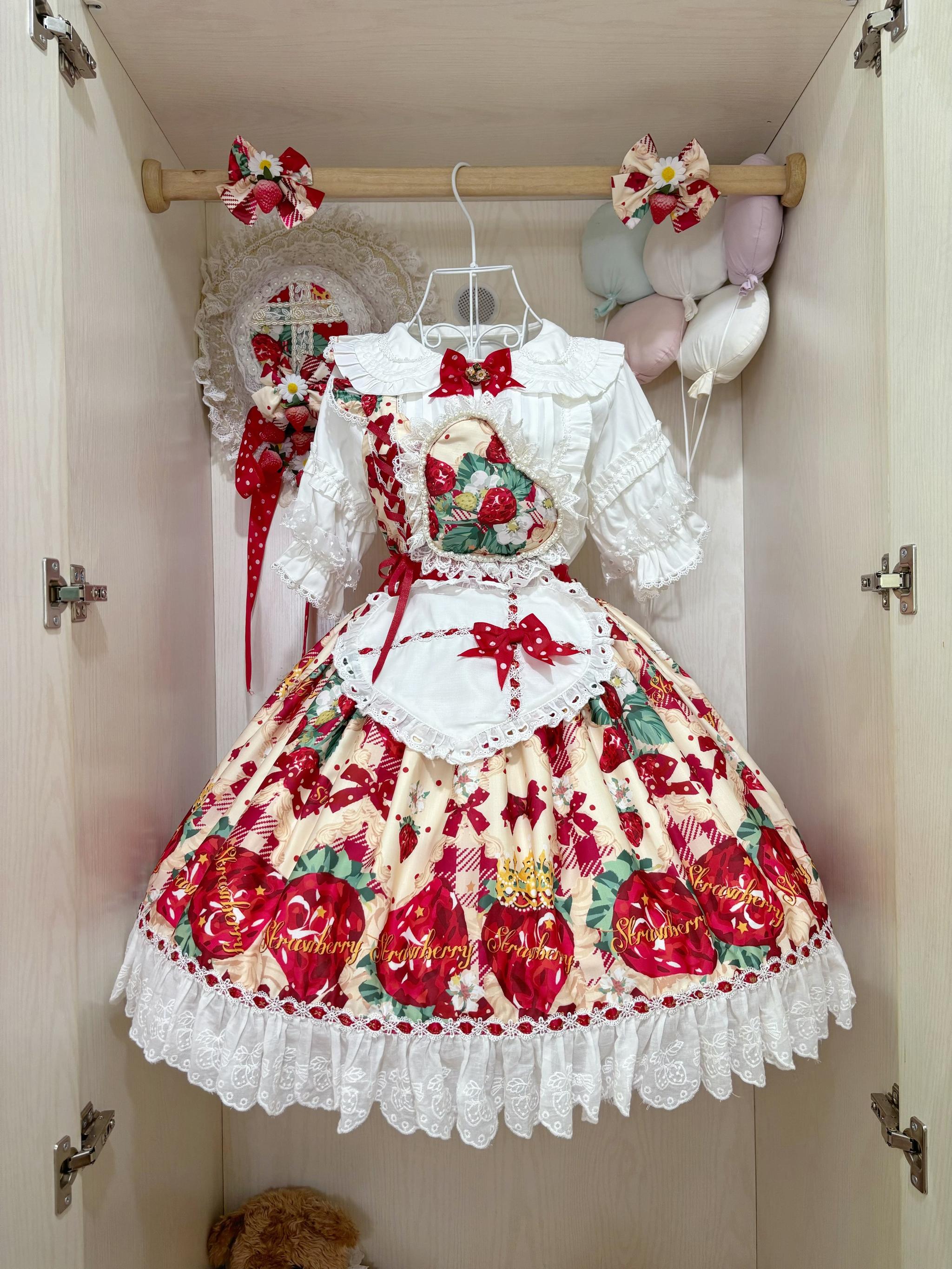 Suiyi - Crown Strawberry - Sweet Lolita Salopette Dress Suit, Single Strap Apricot Salopette + Apron M