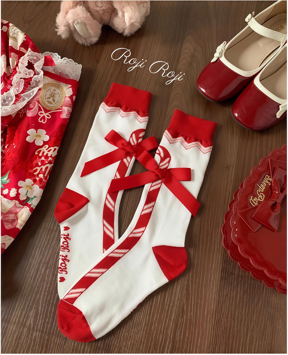 Roji Roji~Candy Cane~Sweet Lolita Socks Pure Cotton Mid-Calf Winter Socks Red