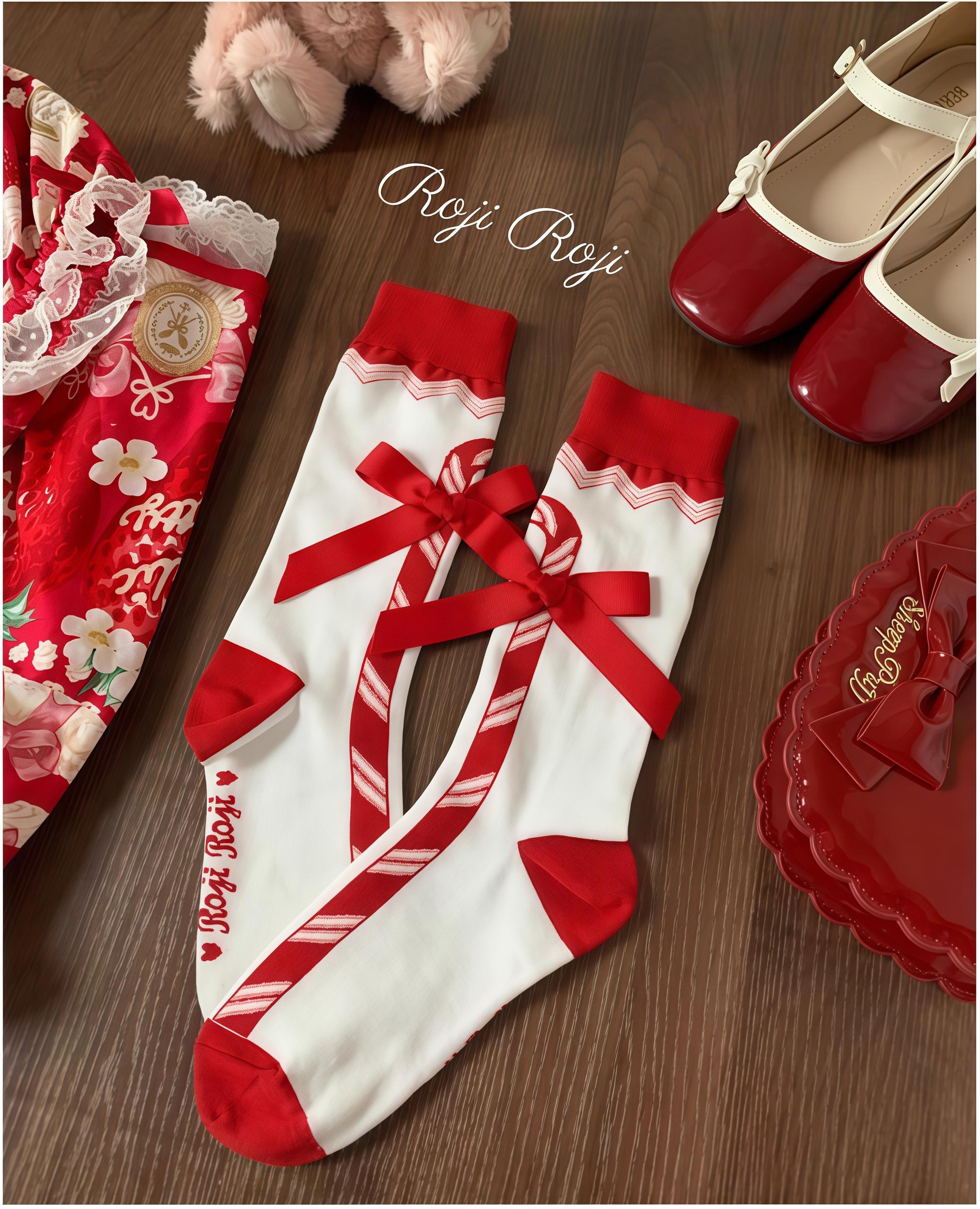 Roji Roji - Candy Cane - Sweet Lolita Socks Pure Cotton Mid-Calf Winter Socks Red