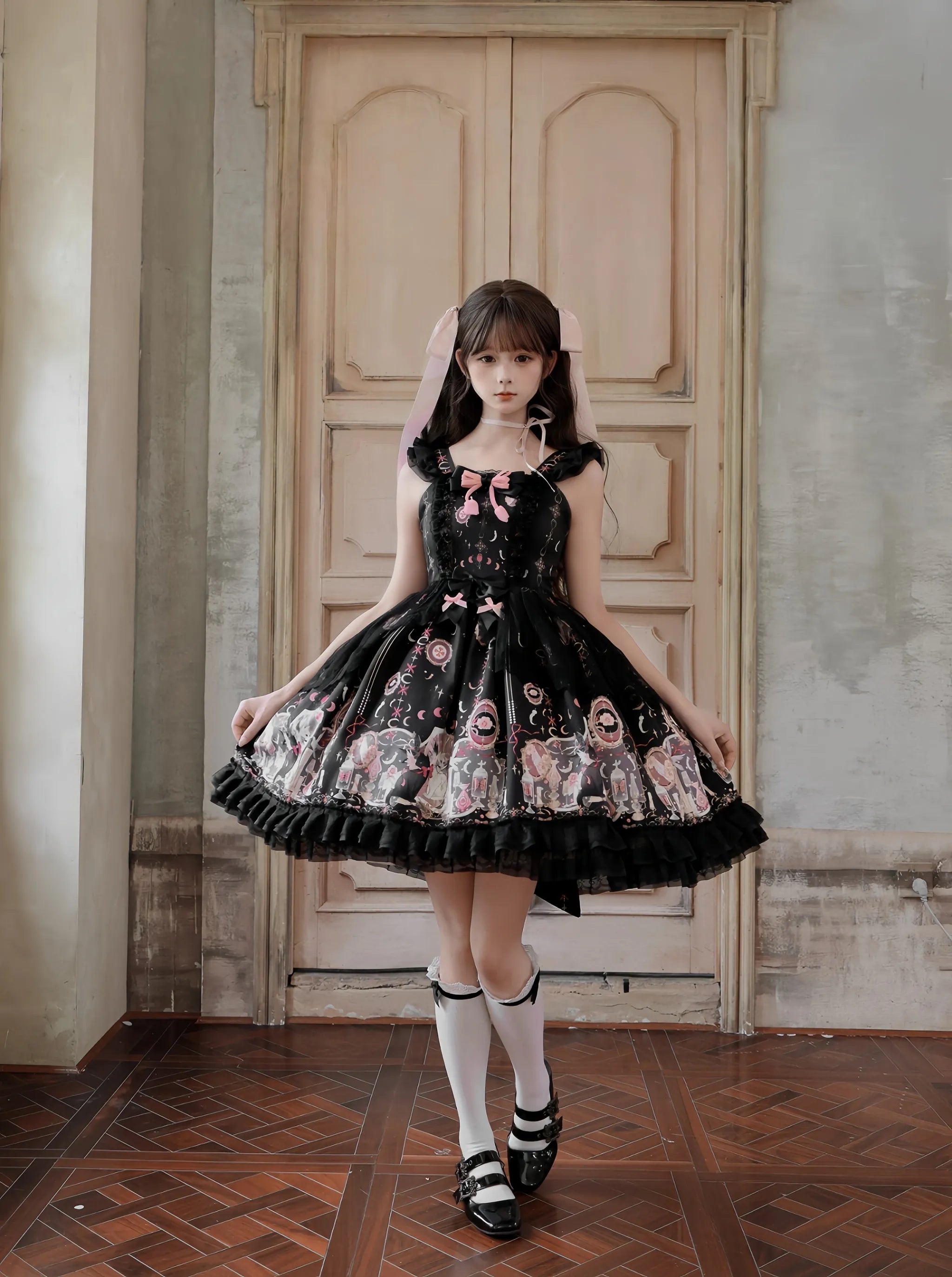 Lunar Cat Crown - Sweet Lolita Black JSK Dress, Angel Cat and Moon Print 45686:858737