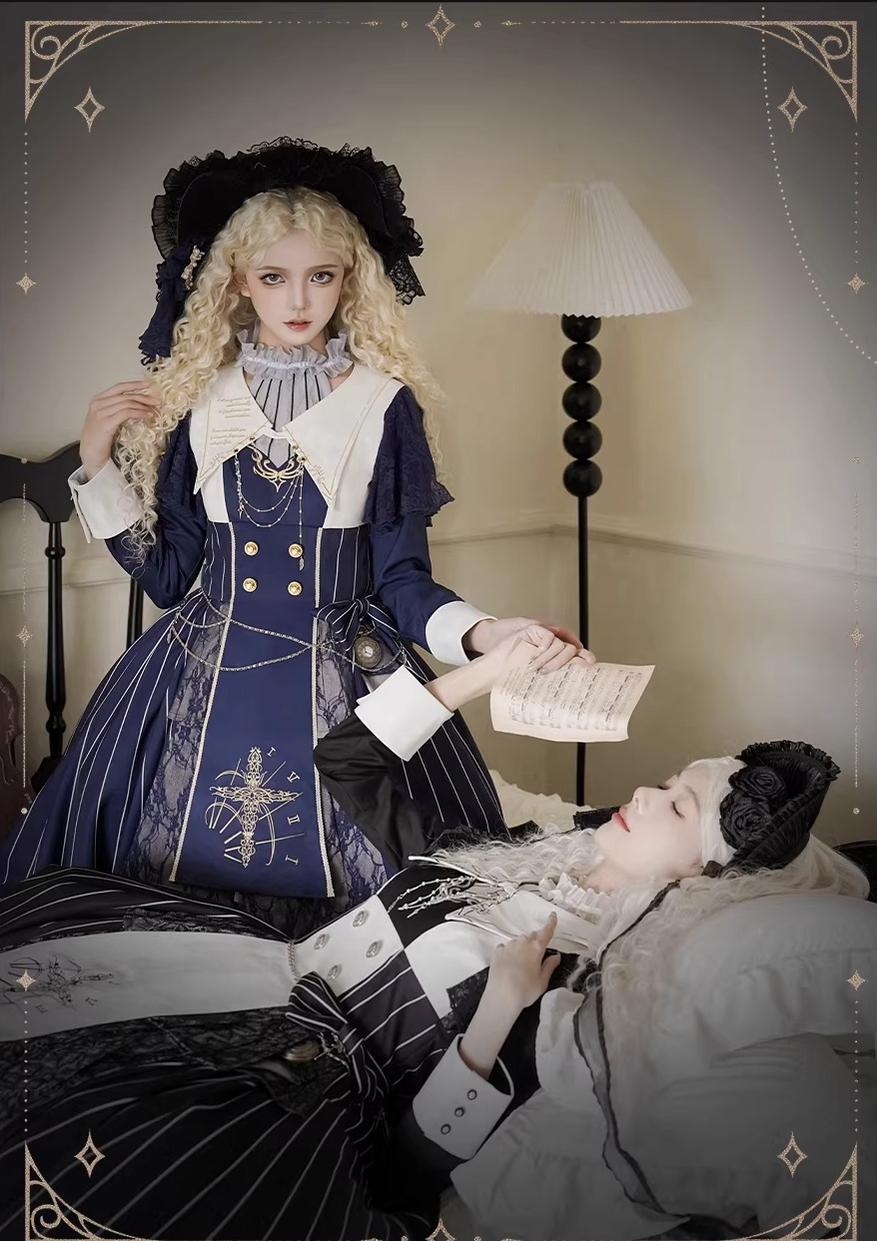 The Choir of the Church - Striped Gothic Lolita Dress Set, High-low Hem