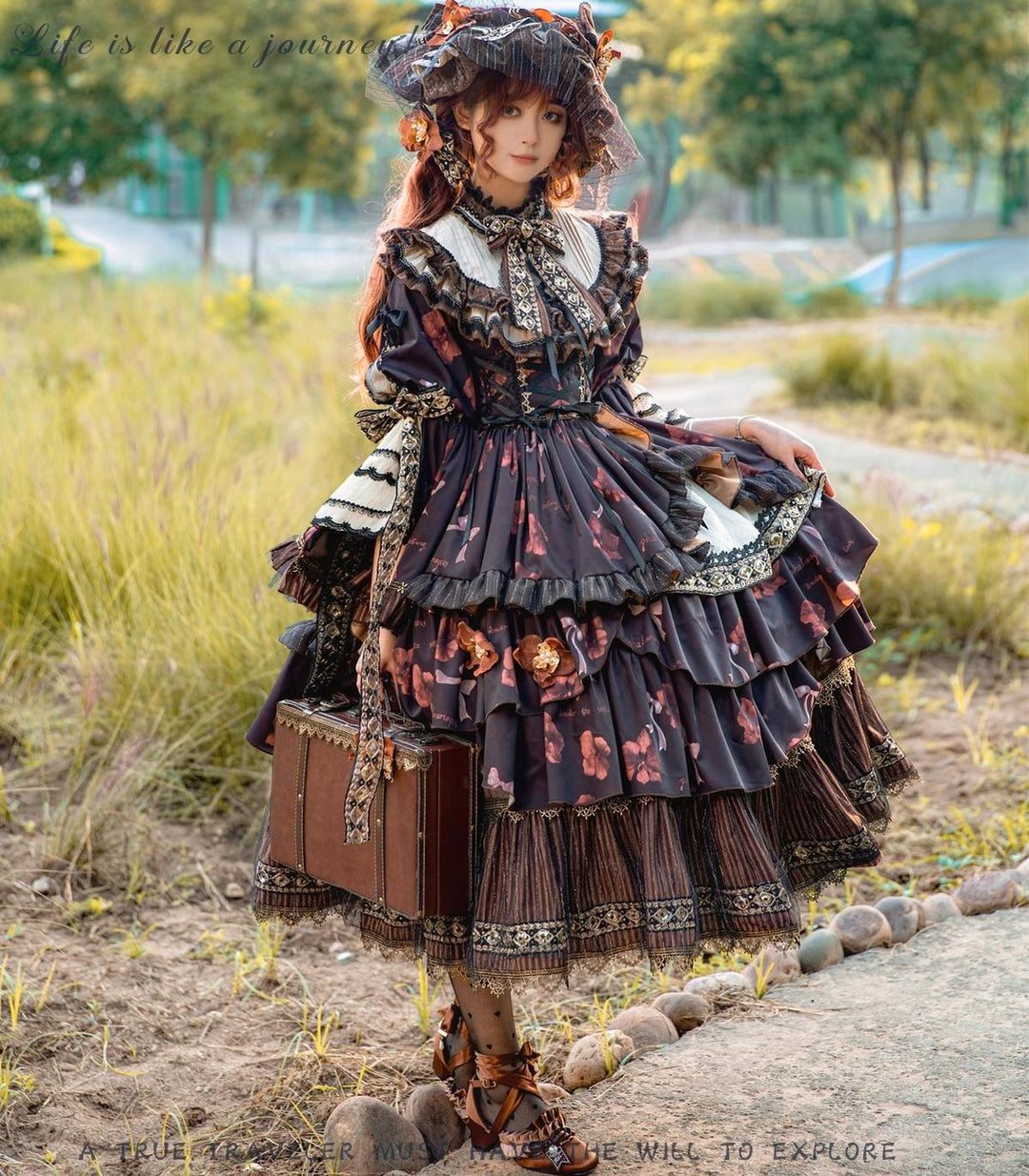 (BFM)Bramble Rose~Sunset Traveler~Classical Lolita OP Dress Princess Vintage Dress S Fullset(OP+hat+a pair of side clips) 