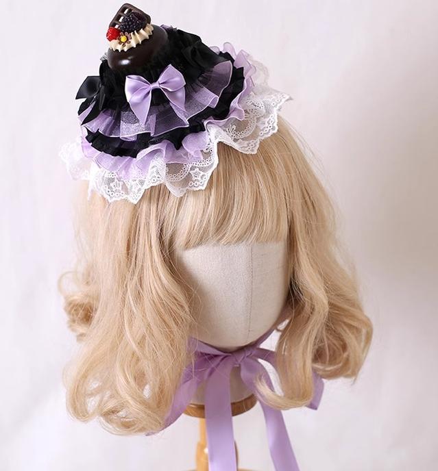 Xiaogui~Kawaii Lolita Hairpin Lace Cake Small Top Hat Black-purple with white lace  