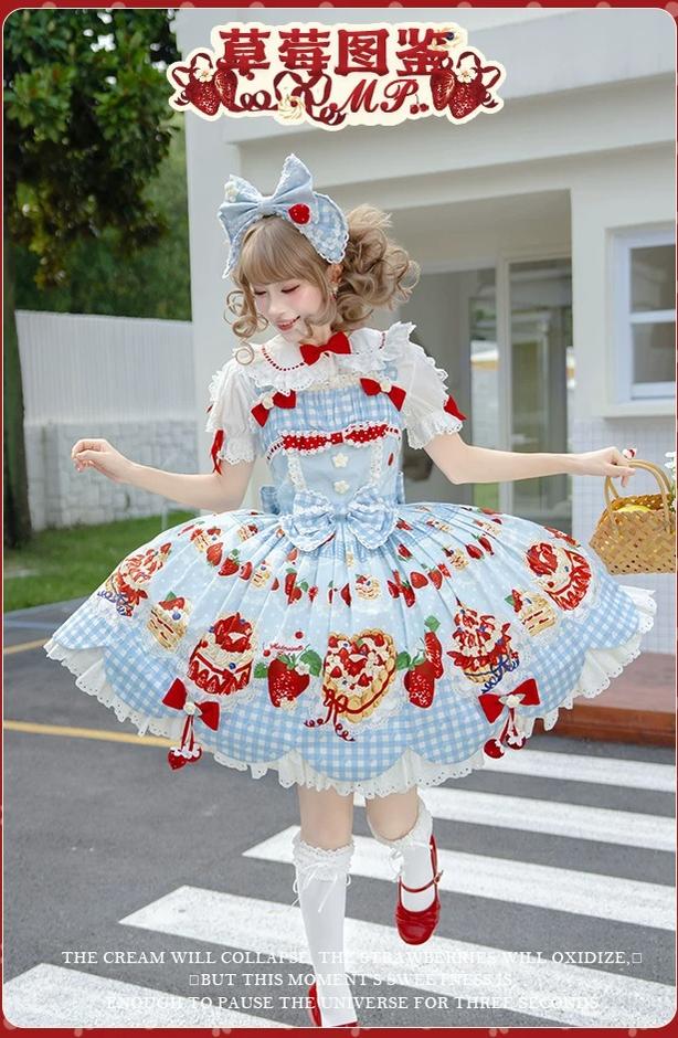 Strawberry Cake Pictorial - Cotton Sweet Lolita Petal Hem JSK, Strawberry Cake Print 45810:863216