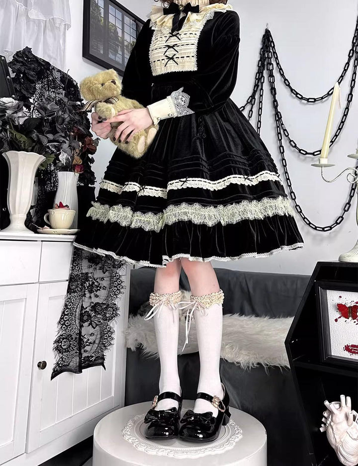 Sheep Puff~Hug Bear~Sweet Lolita Heel Shoes Bear Metal Buckle Bow Shoes 35 Patent Leather Black - Mid Heel 