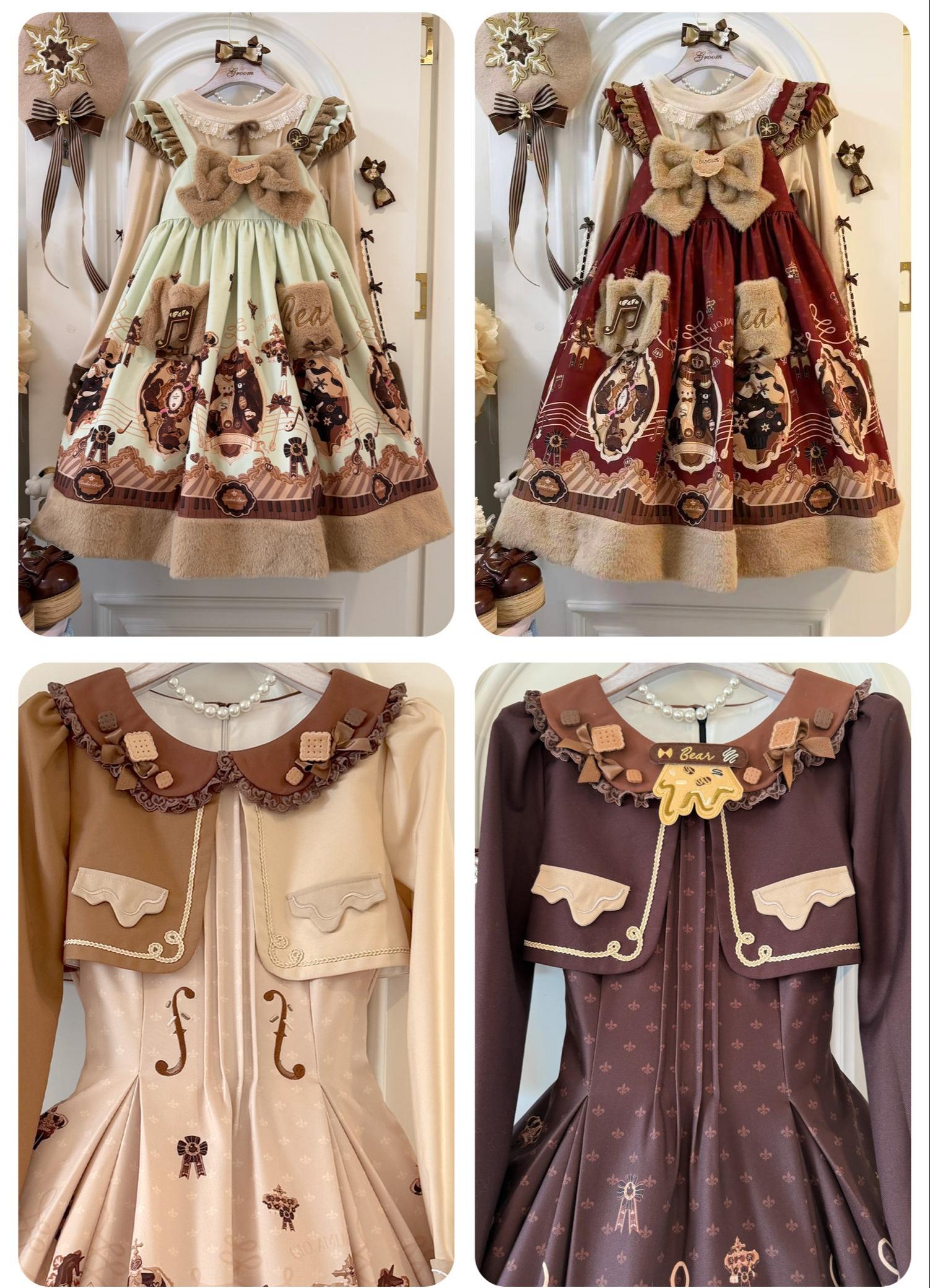 Cream Bear - Print Kawaii Lolita Fake Two-Piece OP, A-lined JSK Dress 44502:811751