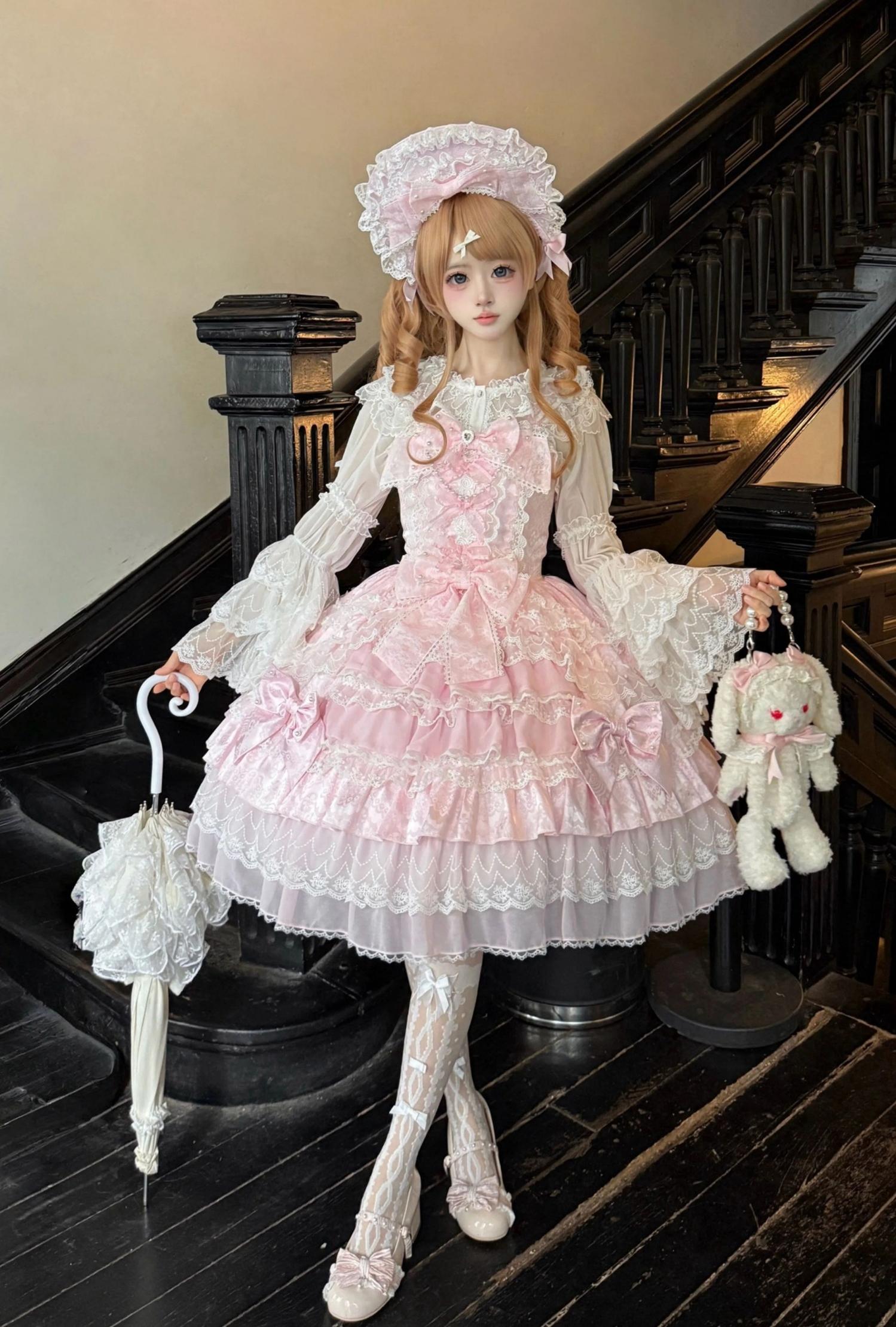 Slumbering Pearl Curtain - Sweet Lolita JSK Dress, Pearl Bows and Layered Lace 45780:862508