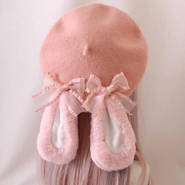 Xiaogui~Winter Lolita Beret Cute Pink Woolen Beret Lolita Hat M (56-58 cm) Stringy Selvedge Bowknot 