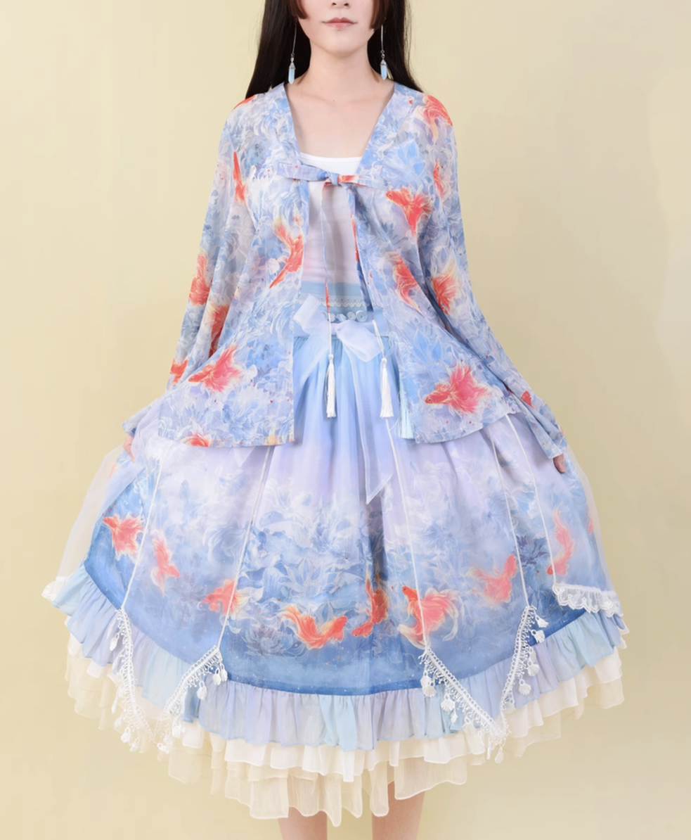 (BFM)EdenLost~Lotus Fish~Wa Style Goldfish Lolita SK Blue Skirt   