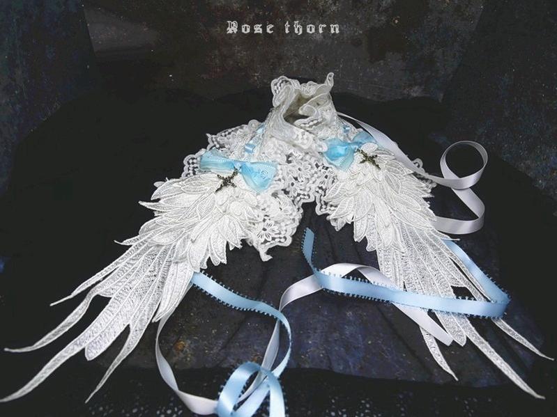 Rose Thorn~Angel Wings~Embroidered Crafted Headband Elegant Lolita Hair Accessories White + light blue  