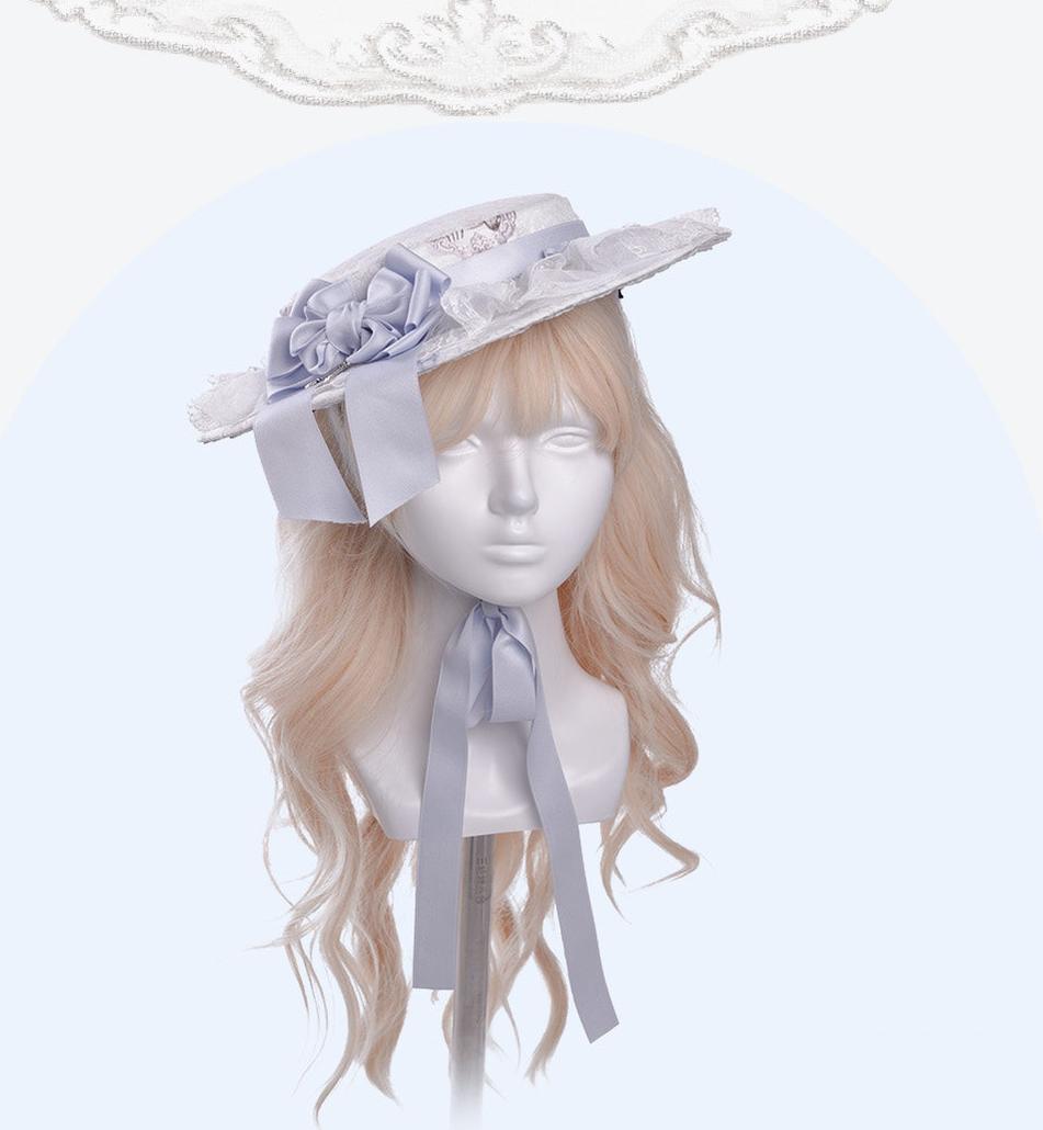 Finnish Antique Cabinet - Sweet Lolita Headdress with Bow Decor White and Blue One Size Top Hat Only