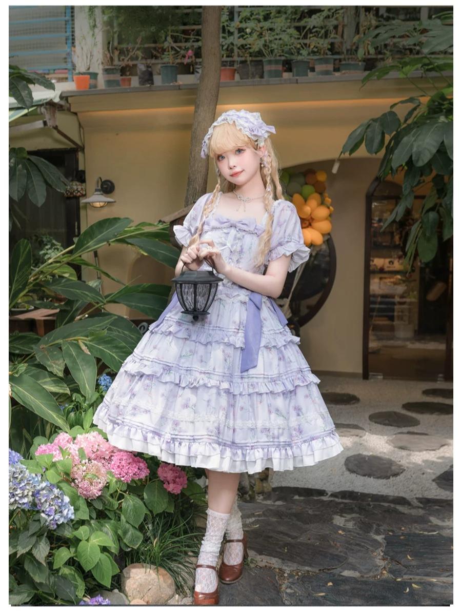 Purple Blossom Romance - Chiffon Classic Lolita OP Dress, Floral Print
