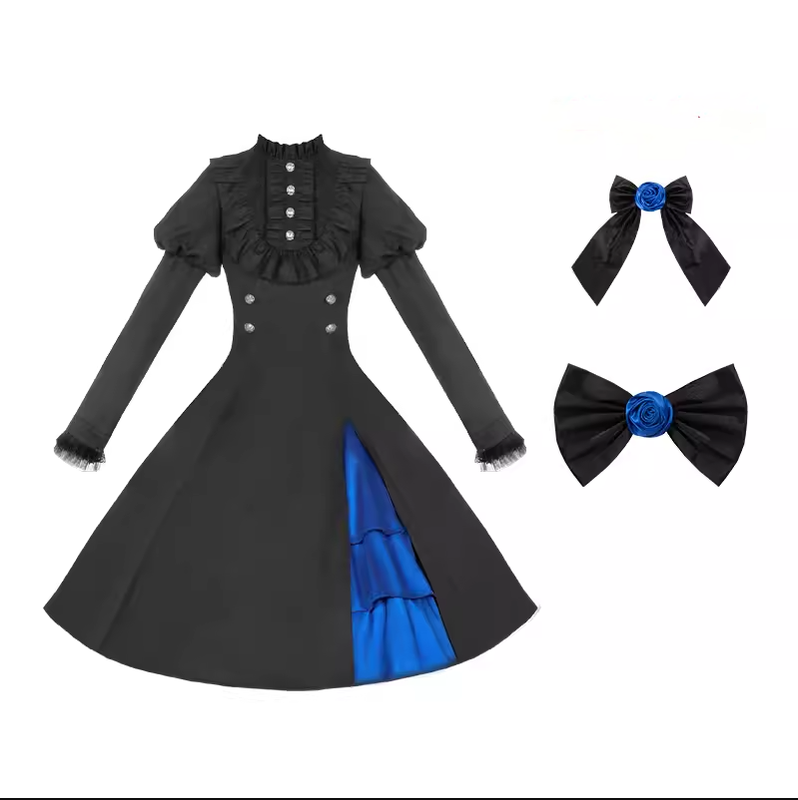 (BFM)With PUJI~Night Serenade~Retro Lolita Cloak Color-Blocked Blue and Black Cape OP Set OP (with a large bow and a small bow) S 