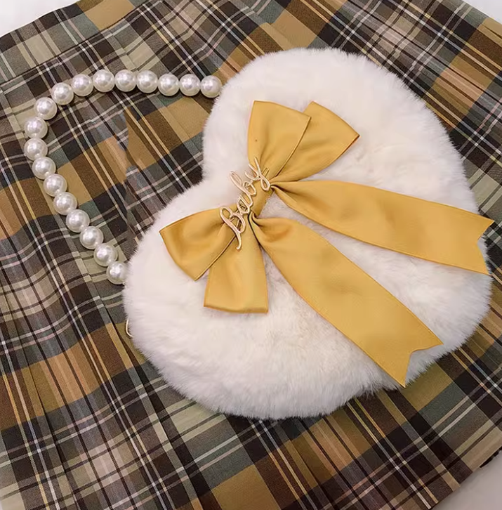 MAID~Kawaii Lolita Heart Bag Plush Pearl Chain Handbag Turmeric (Turmeric) 32554:388600
