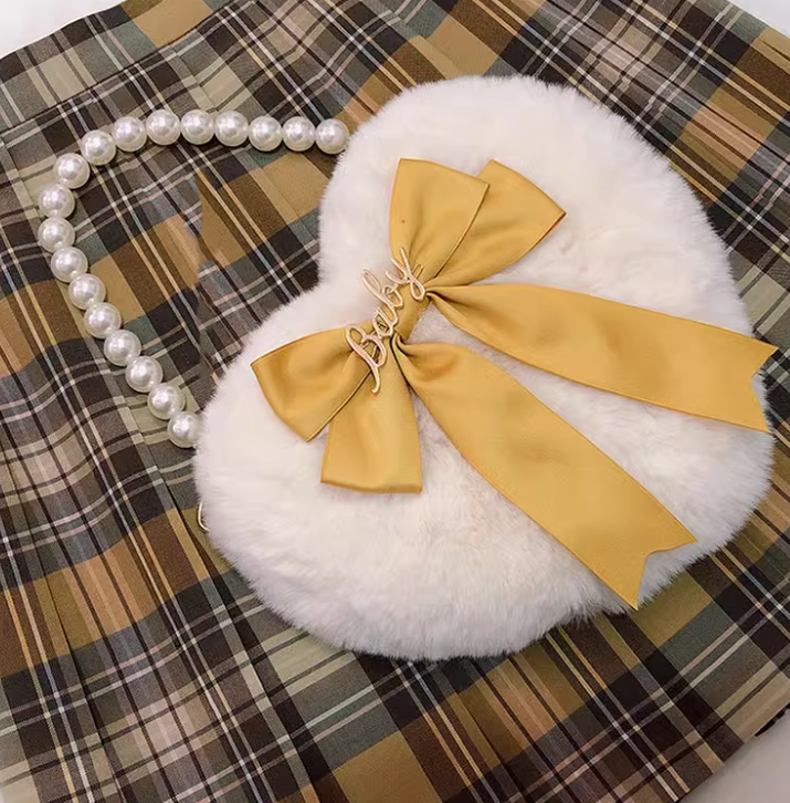MAID~Kawaii Lolita Heart Bag Plush Pearl Chain Handbag Turmeric  