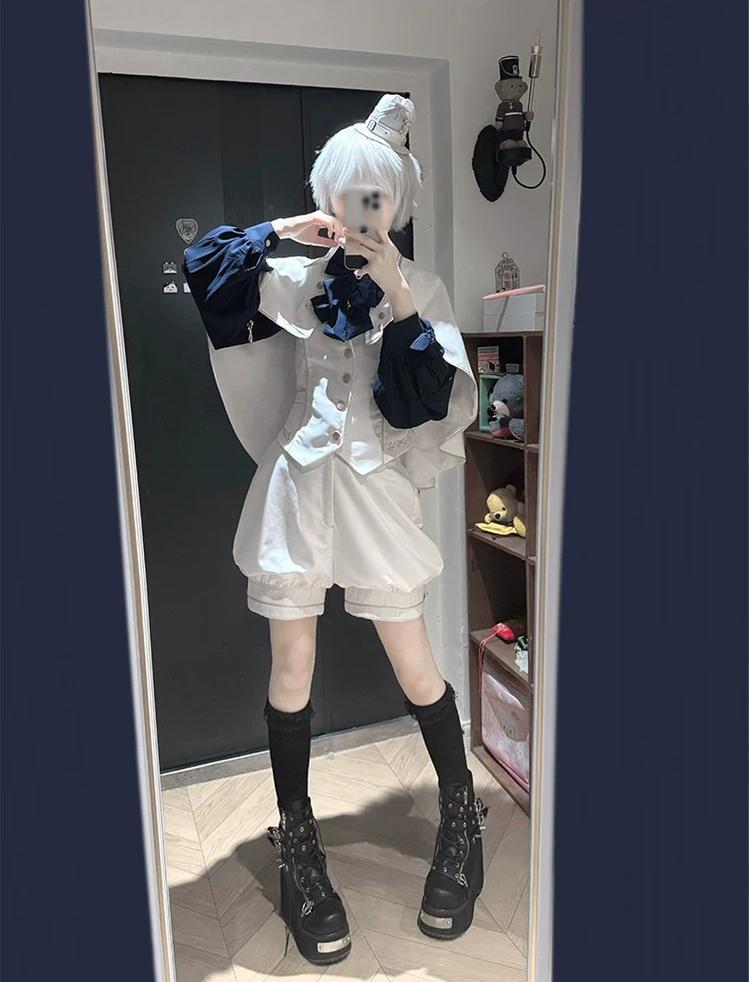Fallen Holy Star - Ouji Lolita Ruffled Chiffon Blouse & Cape Set, Elastic Shorts 45816:863698