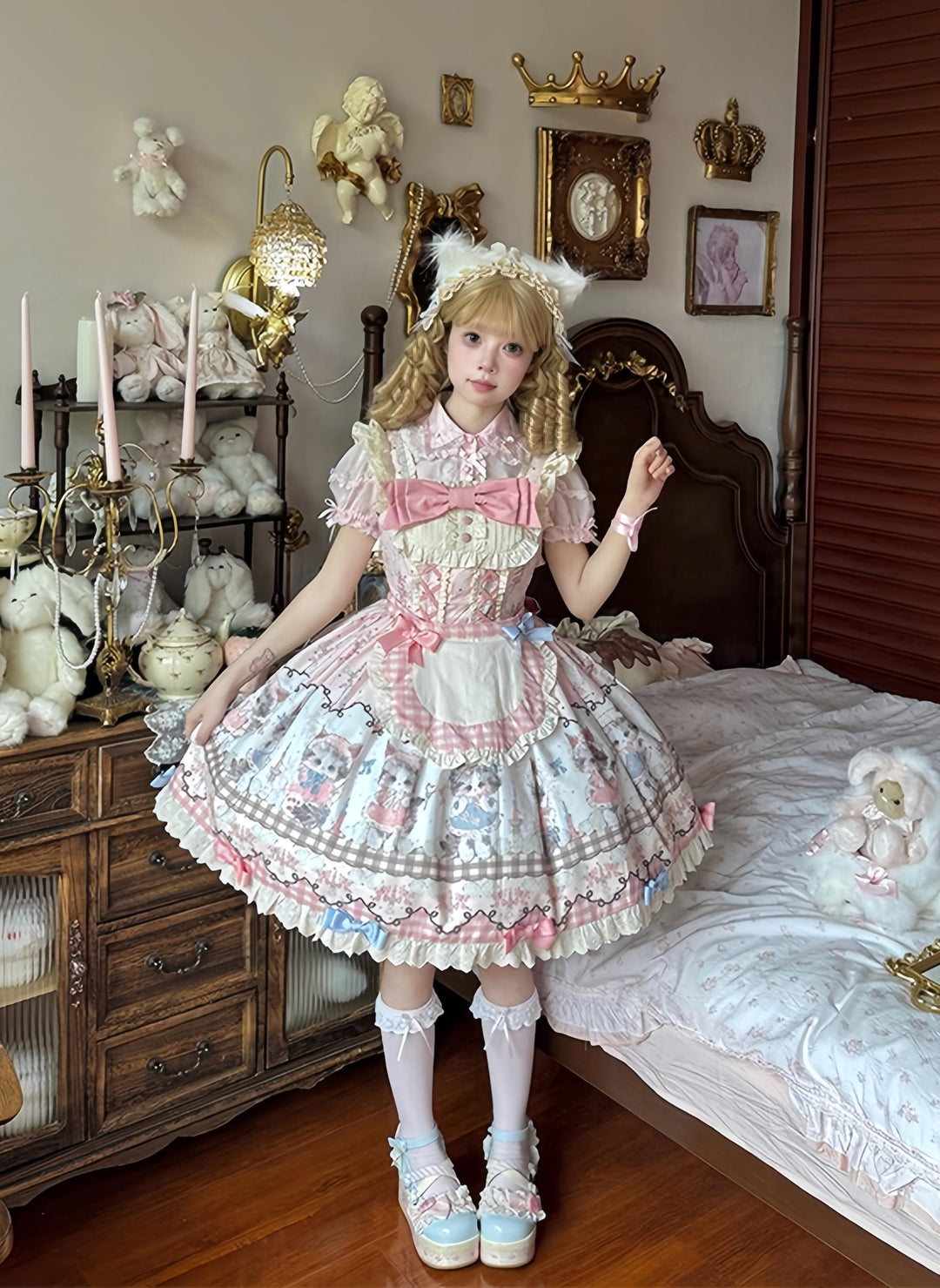 Shattered Lace Dream - Shattered Cat - Cat Printed Kawaii Lolita JSK Dress, Embroidered Sash