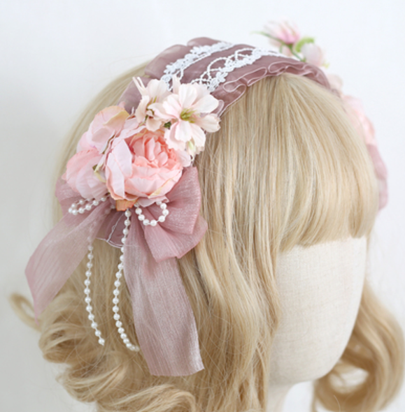 Xiaogui~Elegant Lolita Floral Lace Handmade Headband cameo brown with a retaining clip  