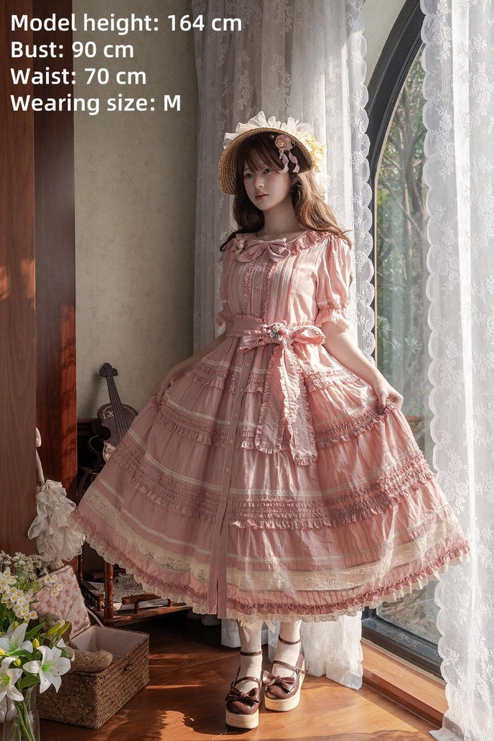 Miss Point~Cat Rose Tea~Elegant Lolita OP Open-front Short Sleeve Tiered Dress